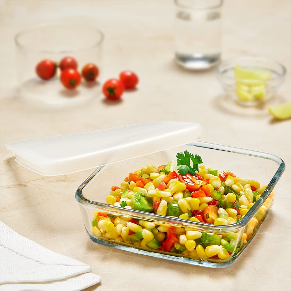 Borosil 500ml Baking & Serving Square Shape Dish with White Lid | Borosilicate Glass Bakeware and Serveware Tray | Microwave, Oven & Dishwasher Safe Bowl | Transparent IH22DH14150