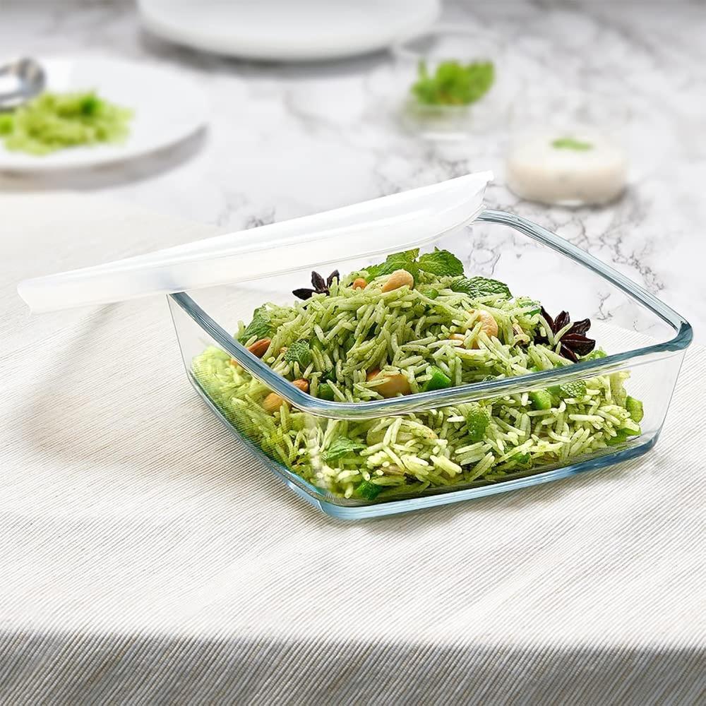 Borosil Baking & Serving Square Shape Dish with White Lid | Borosilicate Glass Bakeware and Serveware Tray | Microwave, Oven & Dishwasher Safe Bowl | Transparent 800 ml IH22DH17180