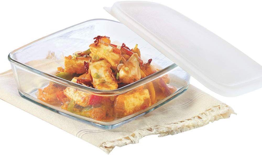 Borosil Baking & Serving Square Shape Dish with White Lid | Borosilicate Glass Bakeware and Serveware Tray | Microwave, Oven & Dishwasher Safe Bowl | Transparent 1.6 L IH22DH18216