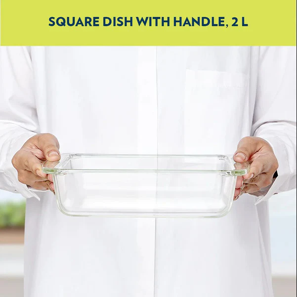 Borosil Square Baking Dish with Handle | Microwave & Oven Safe | Transparent | 1 Pc 2 L  IYDSHSQ2000