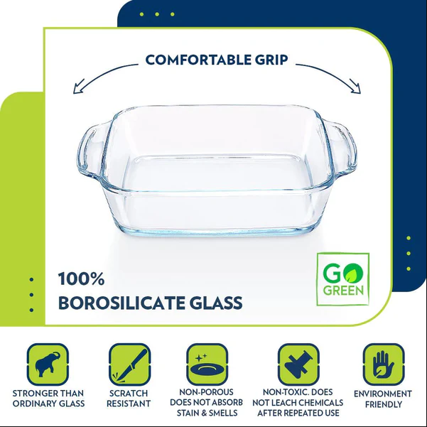 Borosil Square Baking Dish with Handle | Microwave & Oven Safe | Transparent | 1 Pc 2 L  IYDSHSQ2000