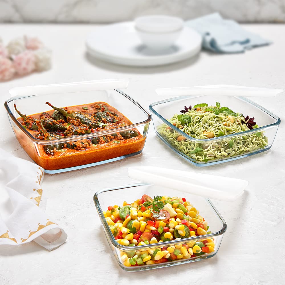 Borosil Microwave Safe & Oven Safe Square Glass Baking Dish with Lid (Transparent, 500 ml + 800 ml + 1.6 L) - Set of 3 IH22DH15626