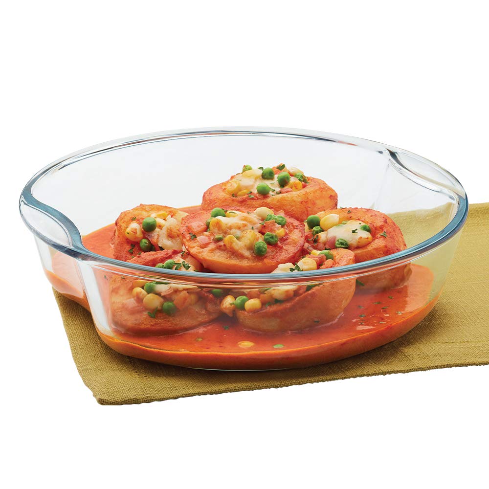Borosil 2.5 L Baking & Serving Dish with Handle | Bowl Container | Borosilicate Glass Bakeware and Serveware Casserole Dish Tray | Microwave, Oven & Dishwasher Safe | Transparent (Round 2.5 L) IH22RBD7225