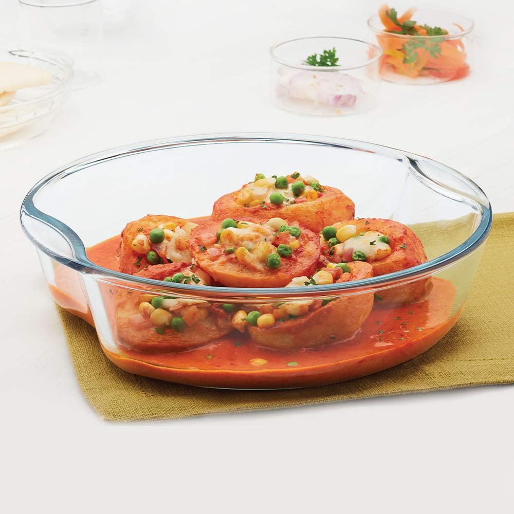 Borosil 2.5 L Baking & Serving Dish with Handle | Bowl Container | Borosilicate Glass Bakeware and Serveware Casserole Dish Tray | Microwave, Oven & Dishwasher Safe | Transparent (Round 2.5 L) IH22RBD7225