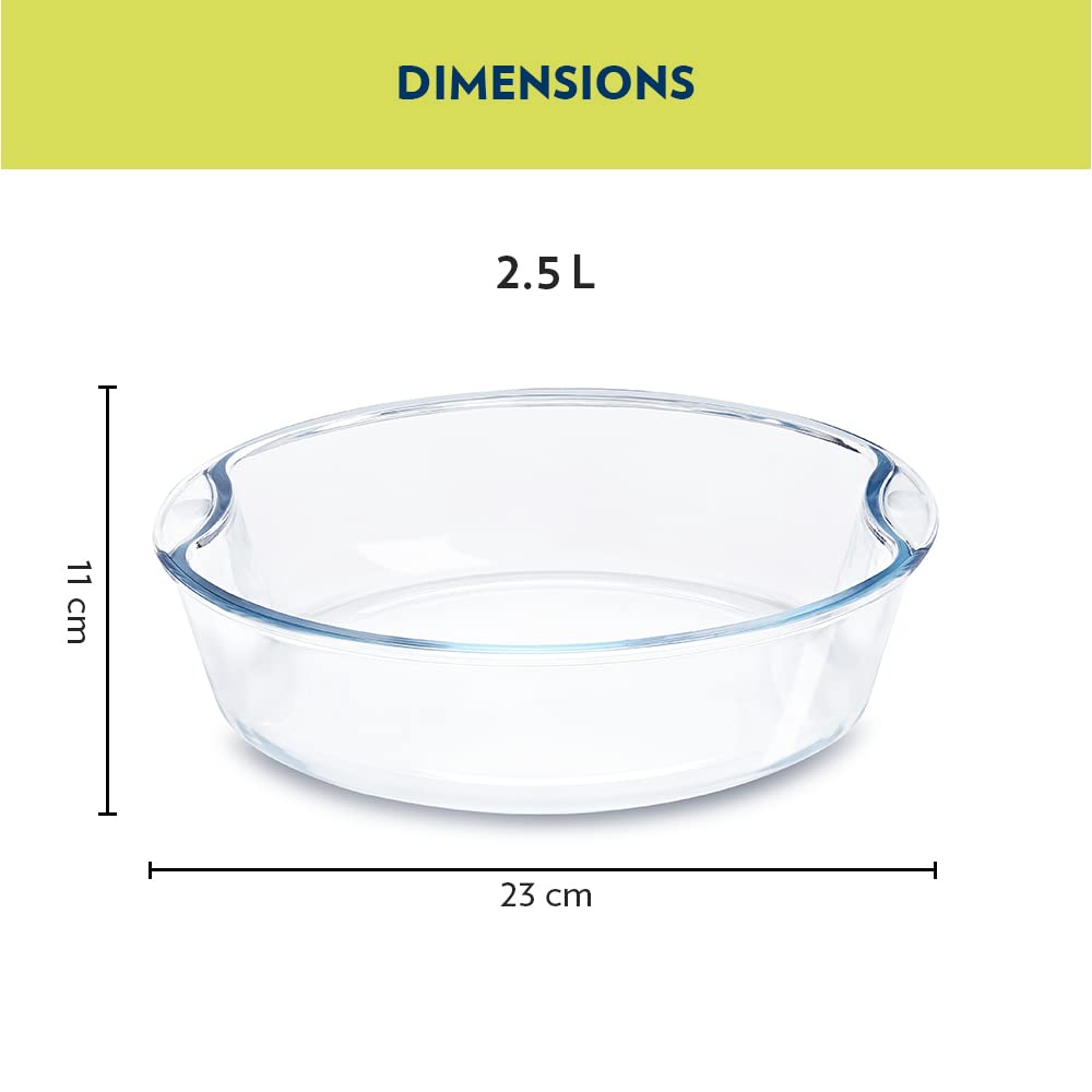 Borosil 2.5 L Baking & Serving Dish with Handle | Bowl Container | Borosilicate Glass Bakeware and Serveware Casserole Dish Tray | Microwave, Oven & Dishwasher Safe | Transparent (Round 2.5 L) IH22RBD7225
