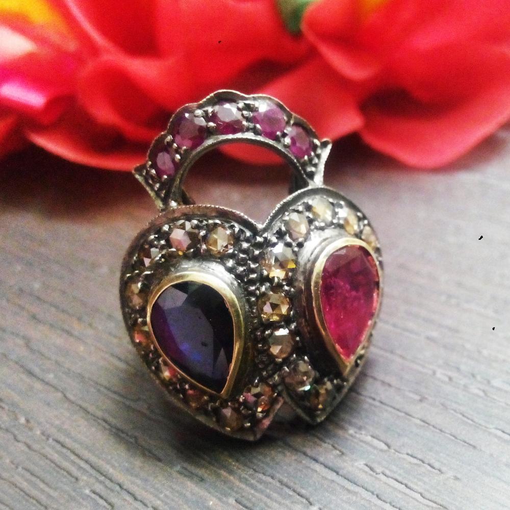 Blue Sapphire Ruby Tourmaline Victorian Ring In Gold & Silver | Handmade Gemstone Jewelry - Color: Red