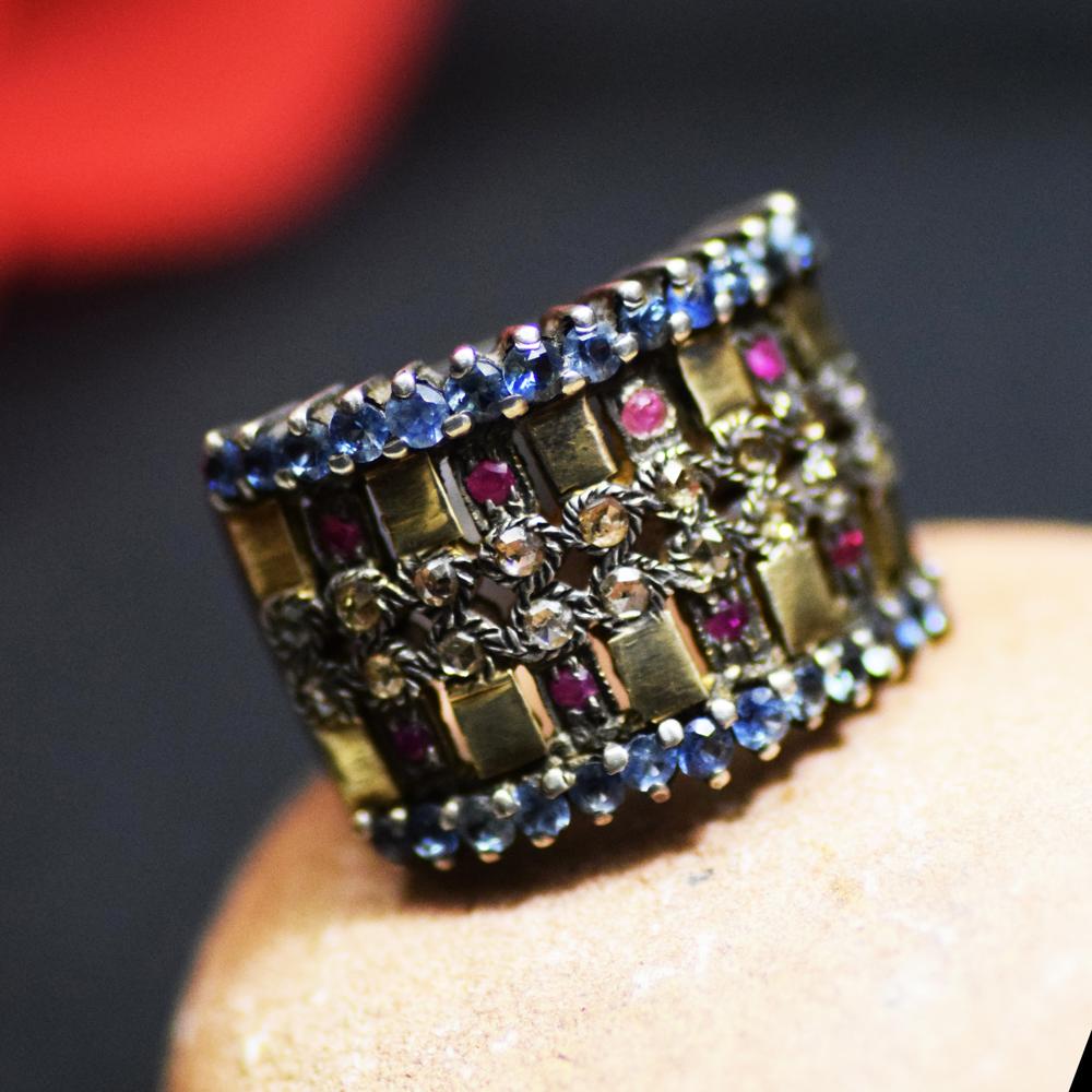Victorian Blue Sapphire Ruby Diamond Gold Silver Band Ring