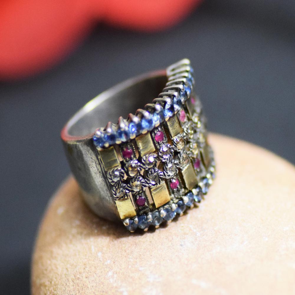 Victorian Blue Sapphire Ruby Diamond Gold Silver Band Ring