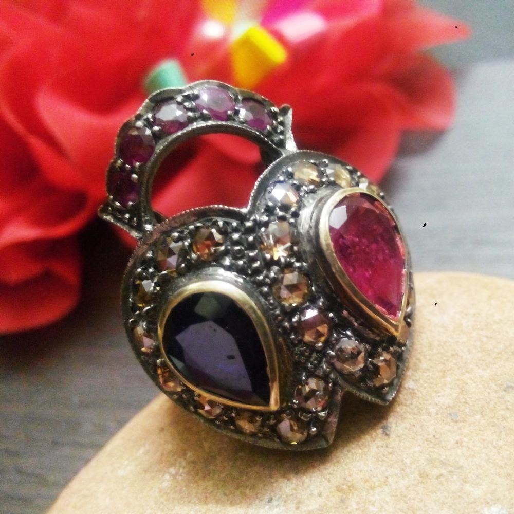 Blue Sapphire Ruby Tourmaline Victorian Ring in Gold & Silver | Handmade Gemstone Jewelry