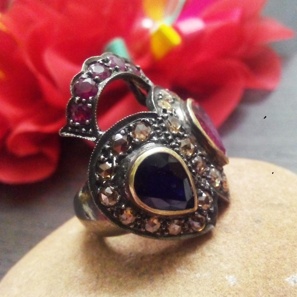 Blue Sapphire Ruby Tourmaline Victorian Ring in Gold & Silver | Handmade Gemstone Jewelry