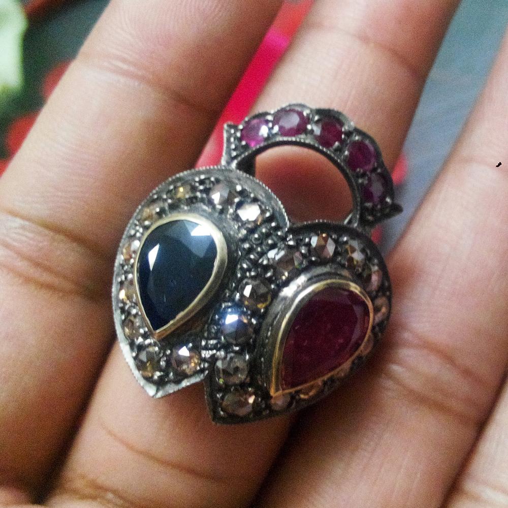 Blue Sapphire Ruby Tourmaline Victorian Ring in Gold & Silver | Handmade Gemstone Jewelry