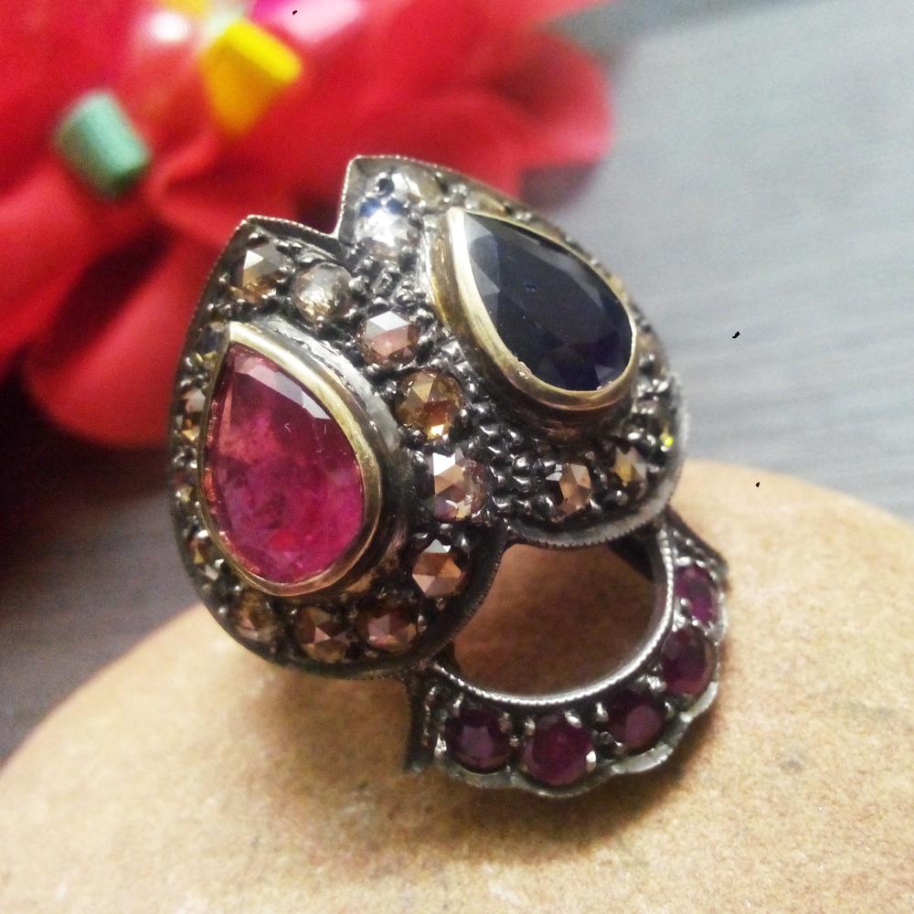 Blue Sapphire Ruby Tourmaline Victorian Ring in Gold & Silver | Handmade Gemstone Jewelry