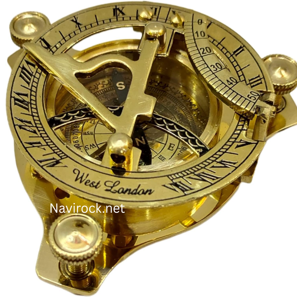 Solid Brass Vintage Pocket Sundial Compass Antique West London Maritime Navigation Collectible & Decorative Gift