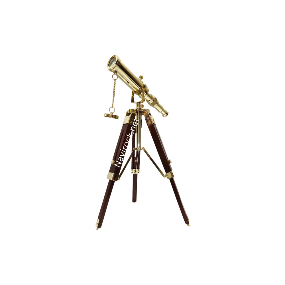 Vintage Style Nautical Brass Tripod Telescope Handmade Marine Spyglass with Brown Wooden Stand Desktop Decorative Showpiece