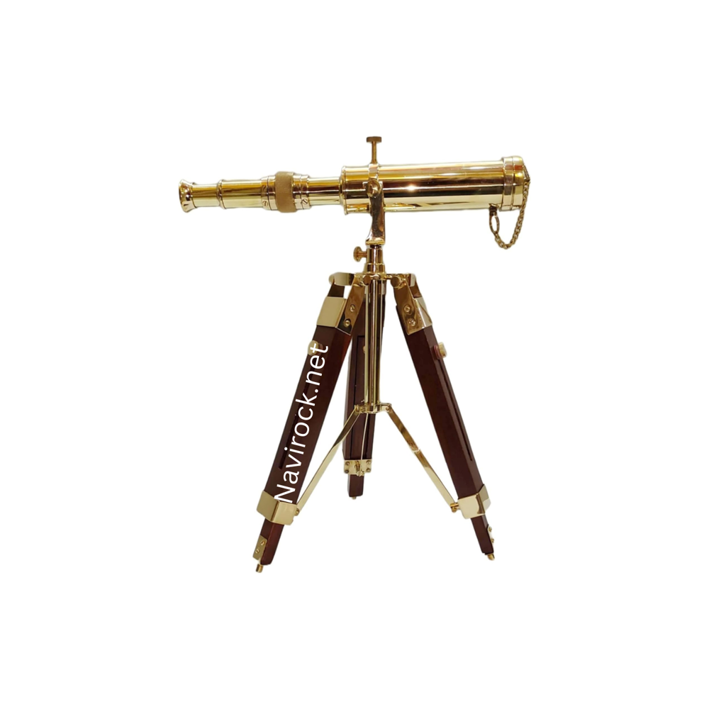 Vintage Style Nautical Brass Tripod Telescope Handmade Marine Spyglass with Brown Wooden Stand Desktop Decorative Showpiece