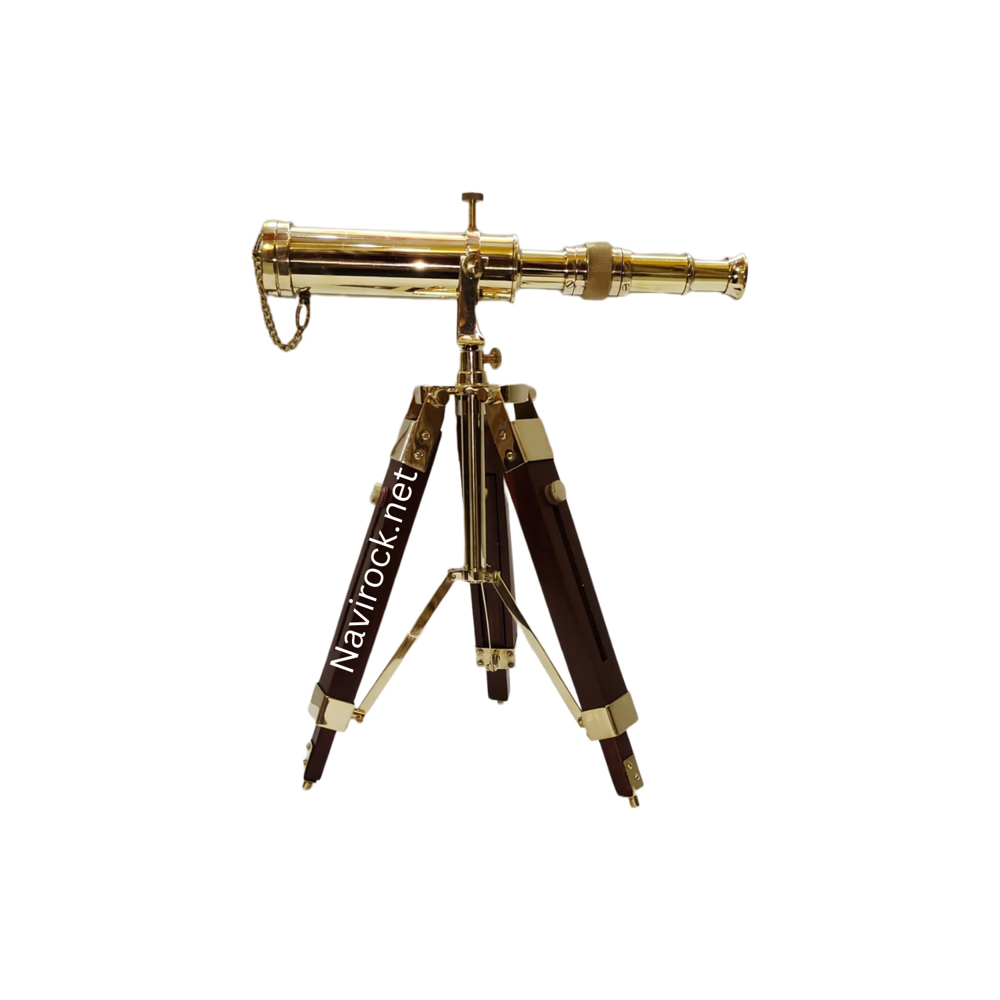 Vintage Style Nautical Brass Tripod Telescope Handmade Marine Spyglass with Brown Wooden Stand Desktop Decorative Showpiece