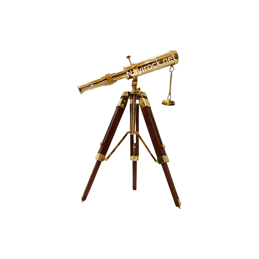 Vintage Style Nautical Brass Tripod Telescope Handmade Marine Spyglass with Brown Wooden Stand Desktop Decorative Showpiece