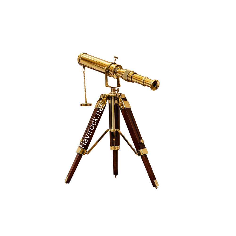 Vintage Style Nautical Brass Tripod Telescope Handmade Marine Spyglass with Brown Wooden Stand Desktop Decorative Showpiece