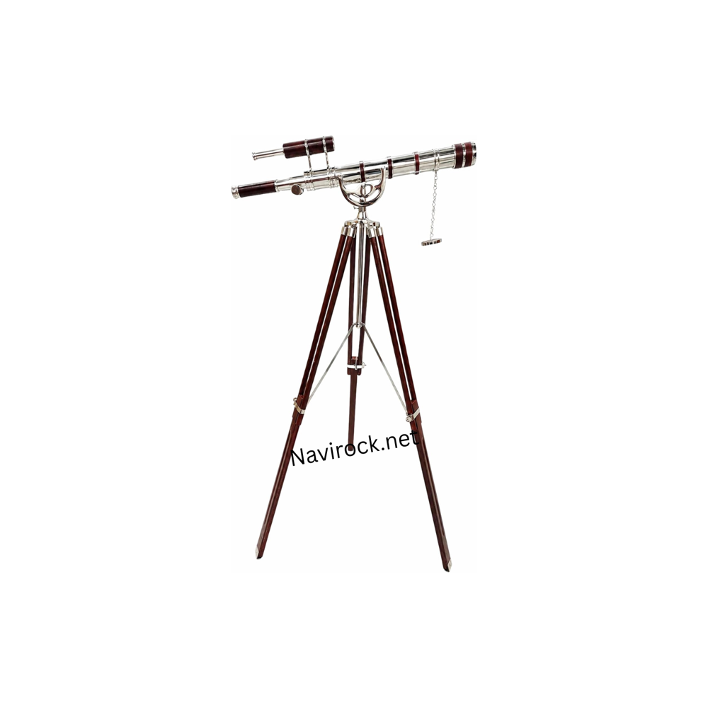 Vintage Brass Double Barrel Telesocpe Handicraft Chrome Finish Antique Wooden Floor Standing Tripod Premium Red Leather Wrap Royal Design Nautical for Home & Office Decor