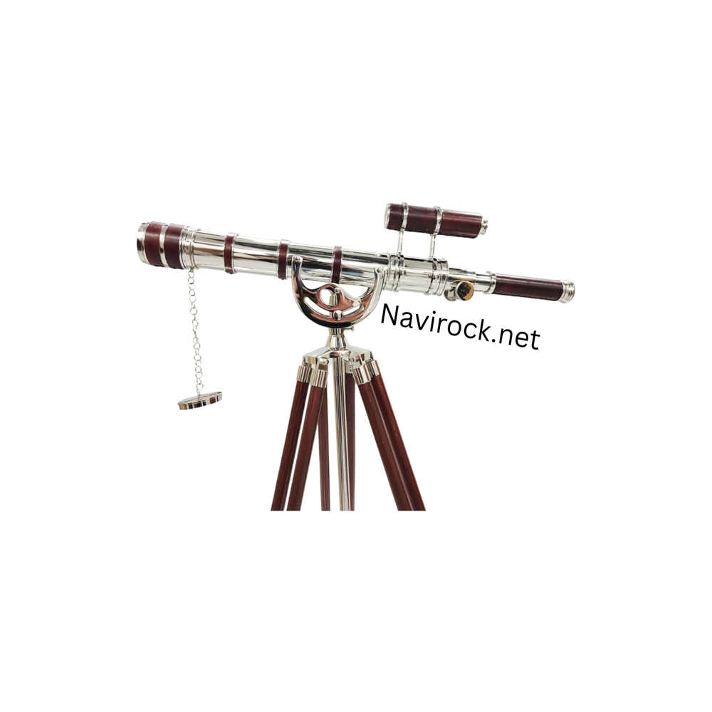 Vintage Brass Double Barrel Telesocpe Handicraft Chrome Finish Antique Wooden Floor Standing Tripod Premium Red Leather Wrap Royal Design Nautical for Home & Office Decor