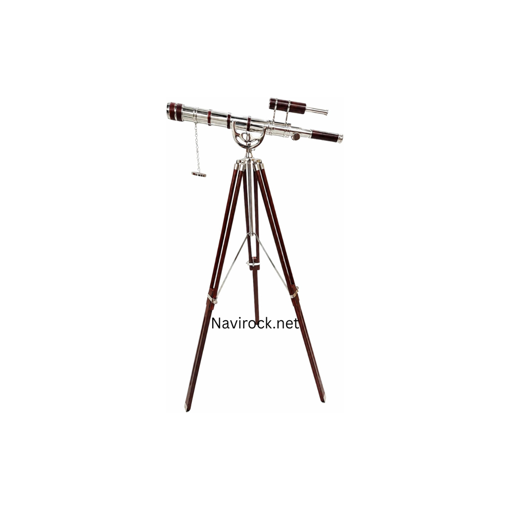 Vintage Brass Double Barrel Telesocpe Handicraft Chrome Finish Antique Wooden Floor Standing Tripod Premium Red Leather Wrap Royal Design Nautical for Home & Office Decor