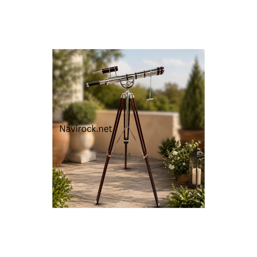 Vintage Brass Double Barrel Telesocpe Handicraft Chrome Finish Antique Wooden Floor Standing Tripod Premium Red Leather Wrap Royal Design Nautical for Home & Office Decor