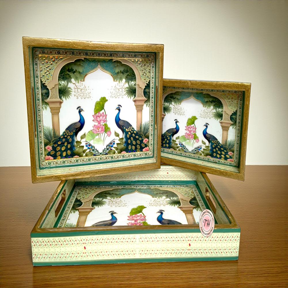 Wooden serving tray set of 3