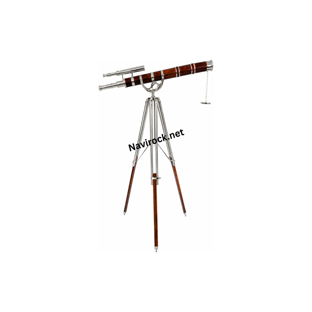 Vintage Nautical Brass Double Barrel Telescope with Adjustable Wooden Tripod