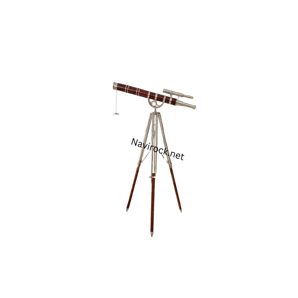 Vintage Nautical Brass Double Barrel Telescope with Adjustable Wooden Tripod