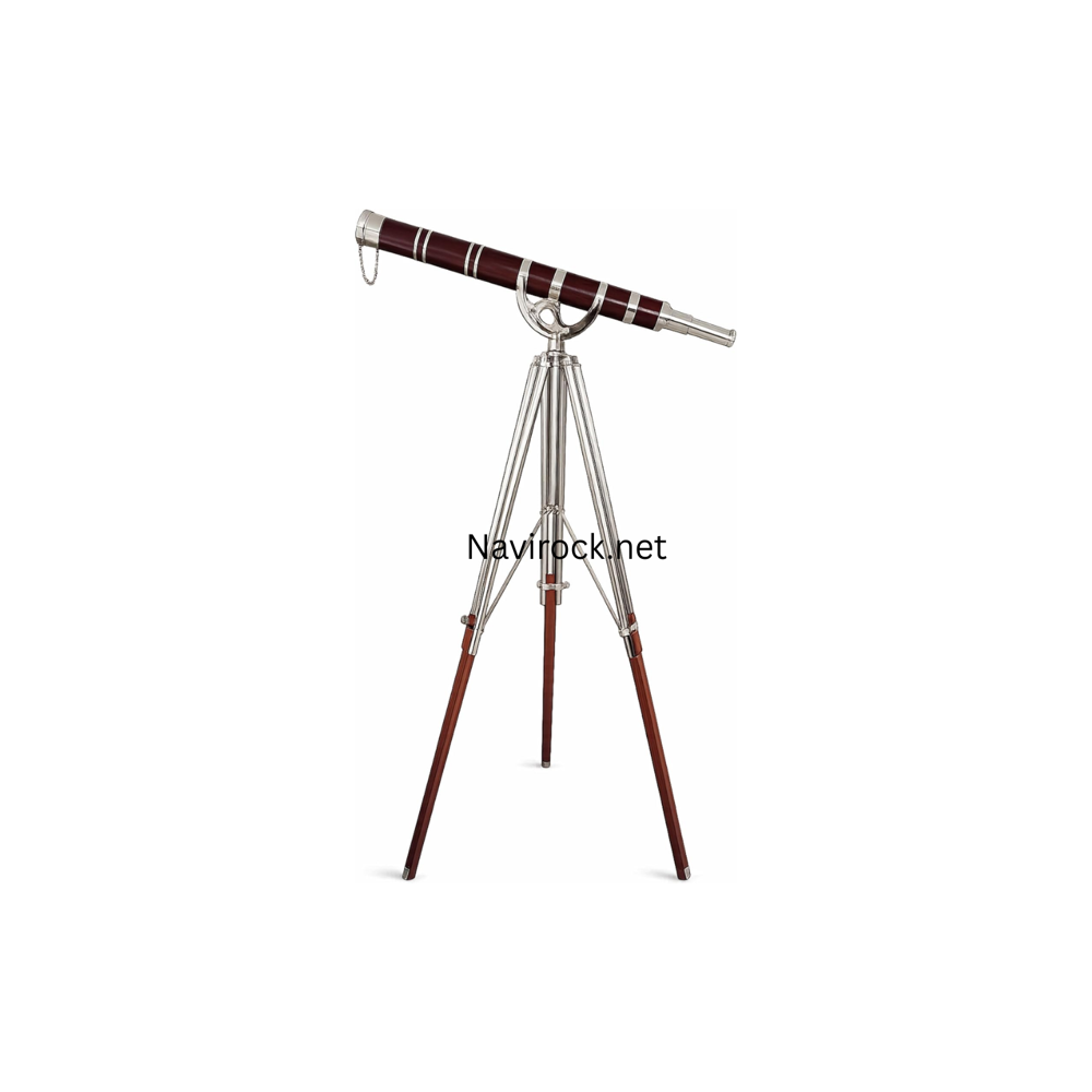 Vintage Nautical Brass Telescope with Red Leather Wrap Chrome Finish Single Barrel Spyglass on Adjustable Wooden & Brass Tripod