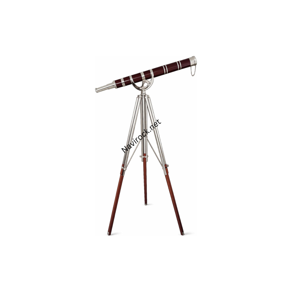 Vintage Nautical Brass Telescope with Red Leather Wrap Chrome Finish Single Barrel Spyglass on Adjustable Wooden & Brass Tripod