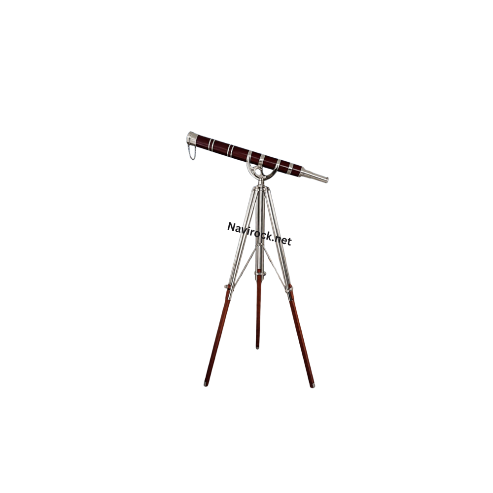 Vintage Nautical Brass Telescope with Red Leather Wrap Chrome Finish Single Barrel Spyglass on Adjustable Wooden & Brass Tripod