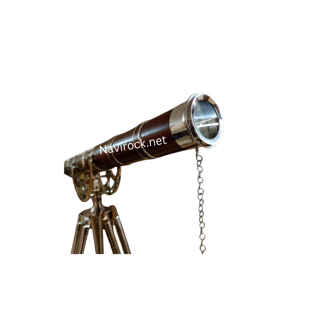Vintage Nautical Brass Telescope with Red Leather Wrap Chrome Finish Single Barrel Spyglass on Adjustable Wooden & Brass Tripod
