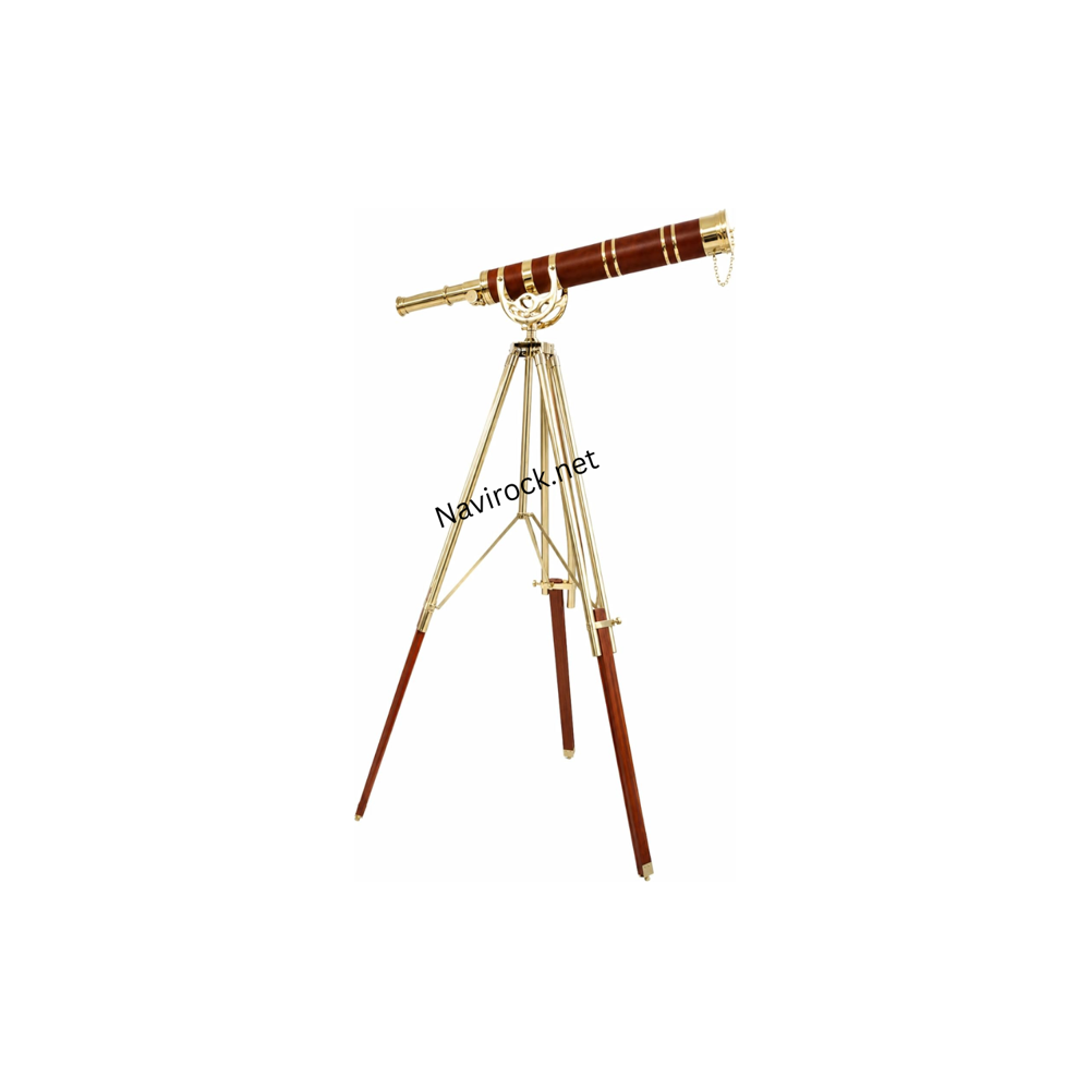 Vintage Single Barrel Telescope with Brown Leather Wrap & Adjustable Wooden Brass Tripod