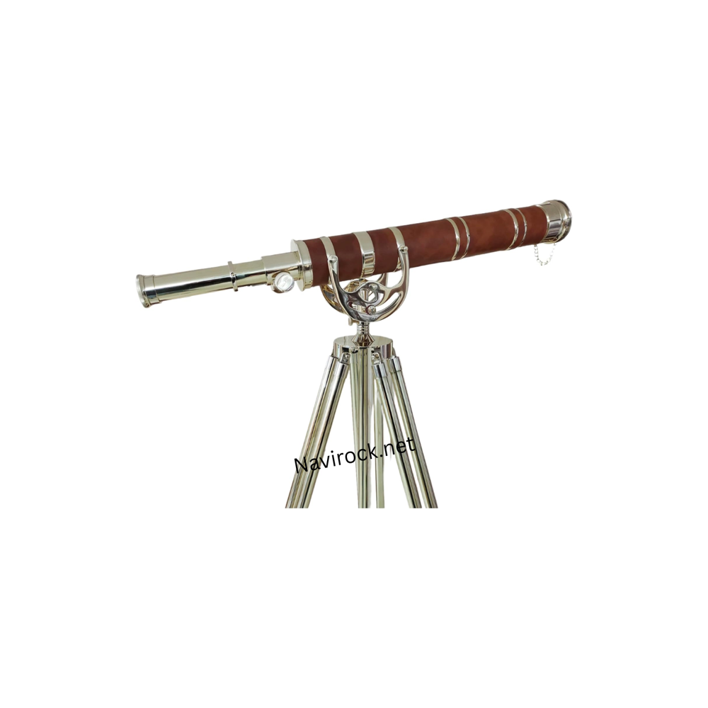 Vintage Single Barrel Telescope with Brown Leather Wrap & Adjustable Wooden Brass Tripod