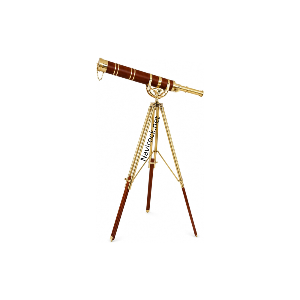 Vintage Single Barrel Telescope with Brown Leather Wrap & Adjustable Wooden Brass Tripod