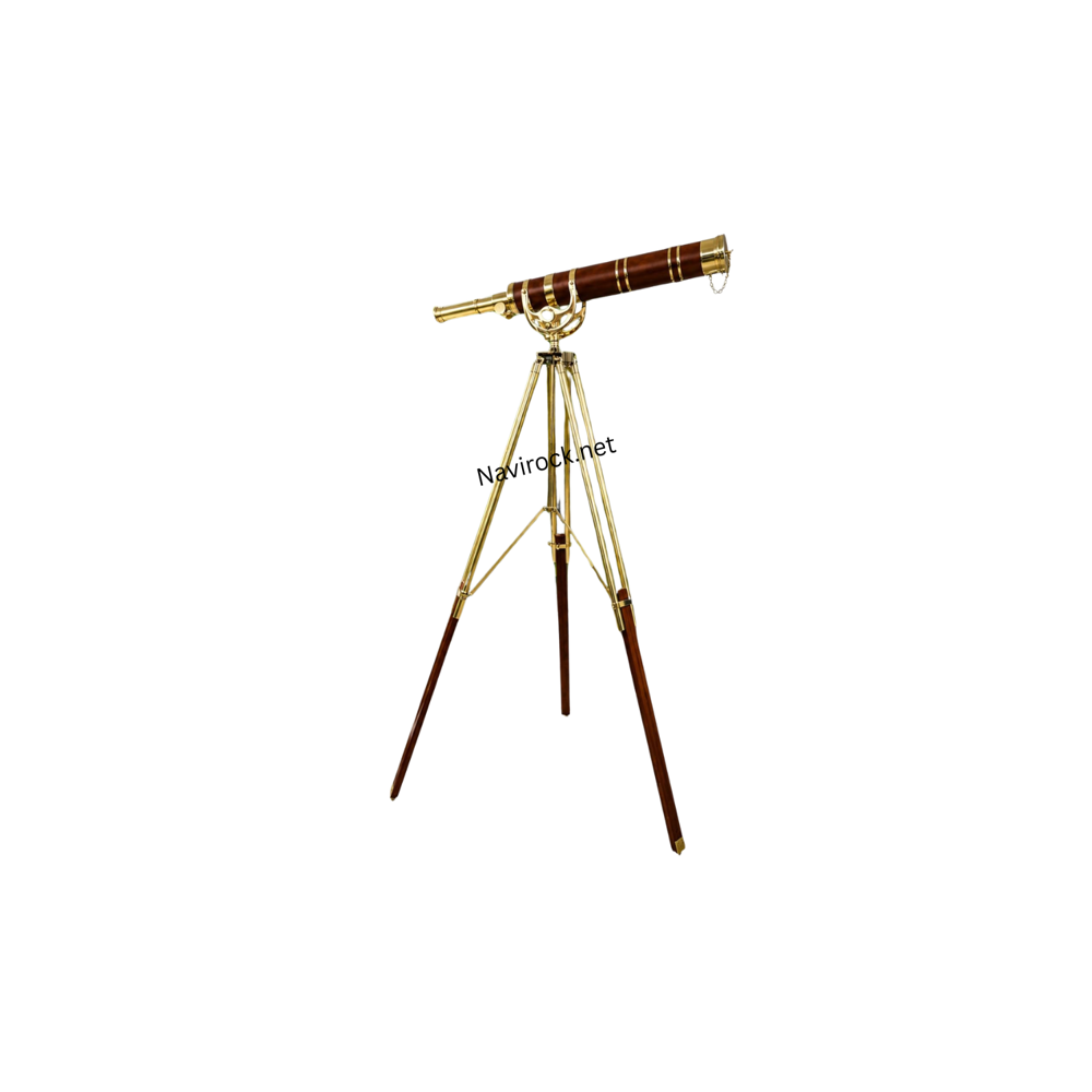 Vintage Single Barrel Telescope with Brown Leather Wrap & Adjustable Wooden Brass Tripod