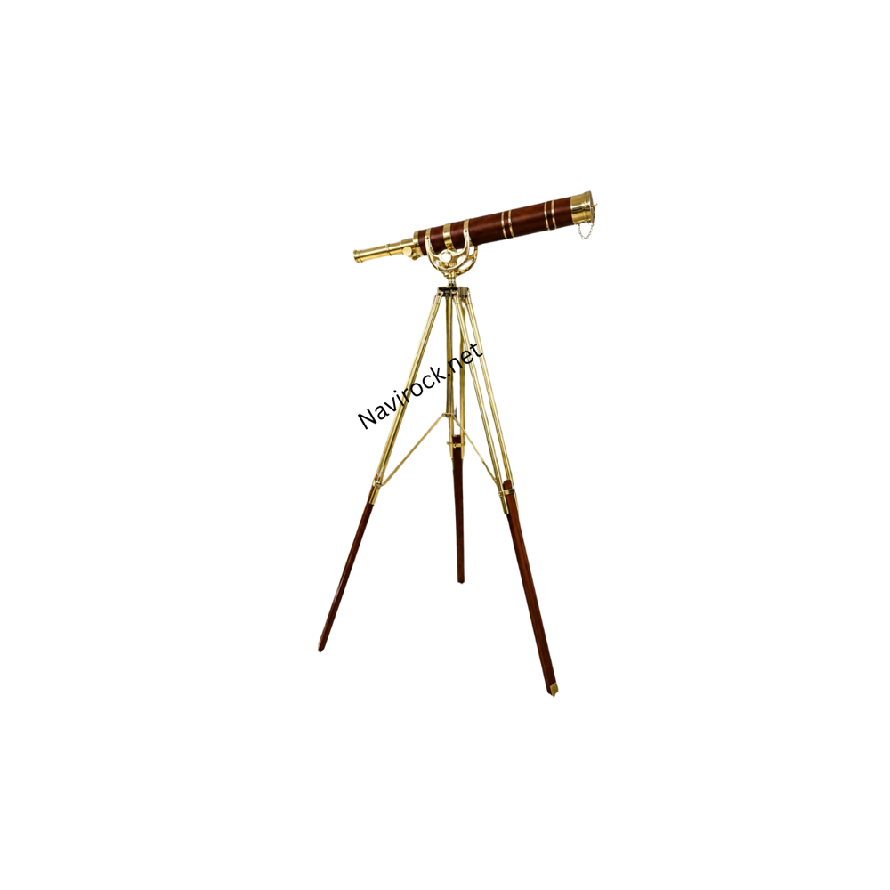 Vintage Single Barrel Telescope with Brown Leather Wrap & Adjustable Wooden Brass Tripod