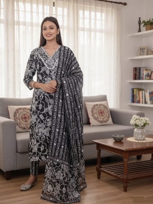 Cambric Cotton Three Piece Suit Set - Color: Black
