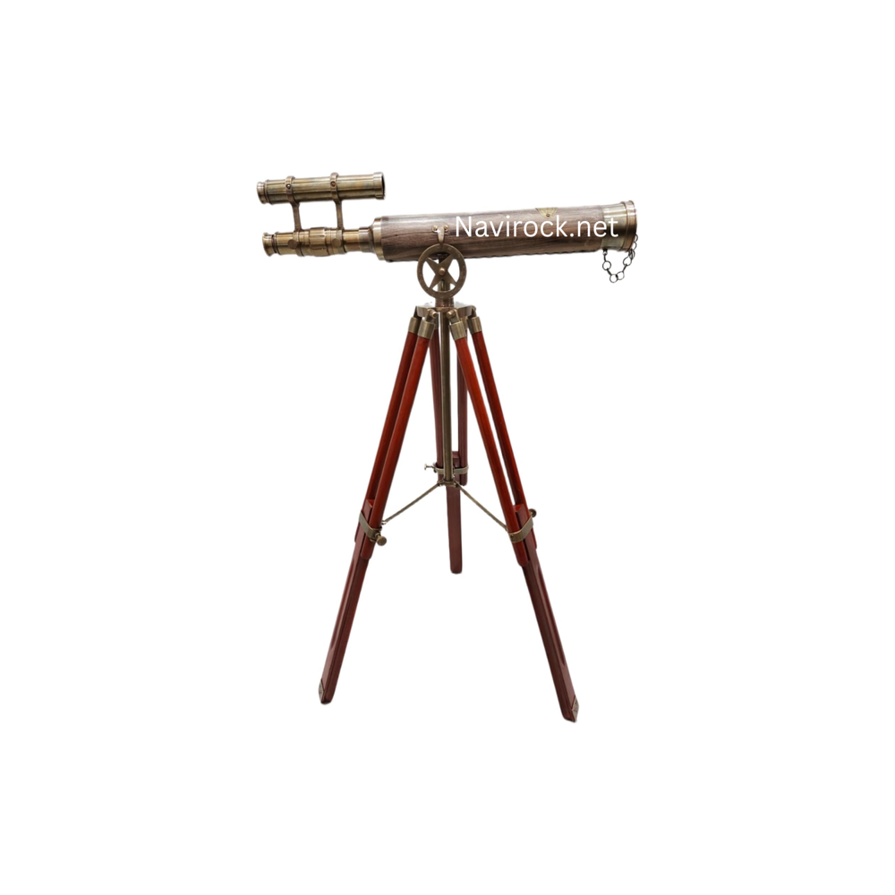 Royal Nautical Telescope Antique Finish Brass Double Barrel with Brown Wooden Tripod