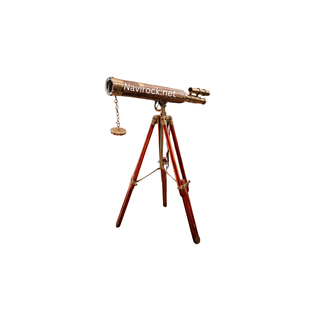 Royal Nautical Telescope Antique Finish Brass Double Barrel with Brown Wooden Tripod