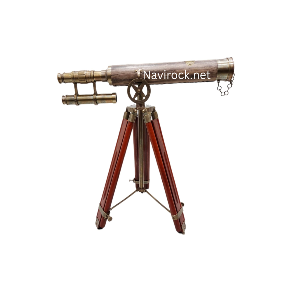 Royal Nautical Telescope Antique Finish Brass Double Barrel with Brown Wooden Tripod