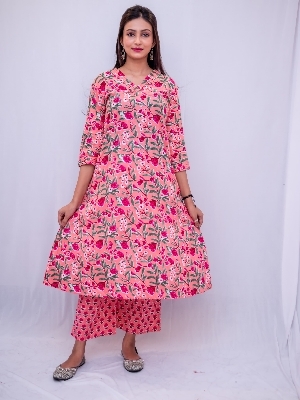 Cotton Two Piece Kurta Pant Set Pink
