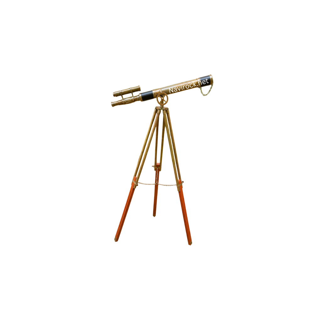 Handcrafted Antique Brass Telescope Double Barrel Marine Navy Style with Wooden Tripod for Living Room & Office Decor