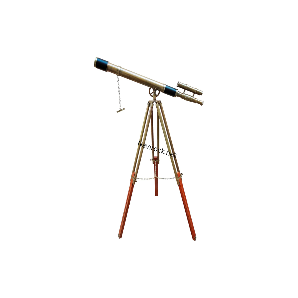Handcrafted Antique Brass Telescope Double Barrel Marine Navy Style with Wooden Tripod for Living Room & Office Decor