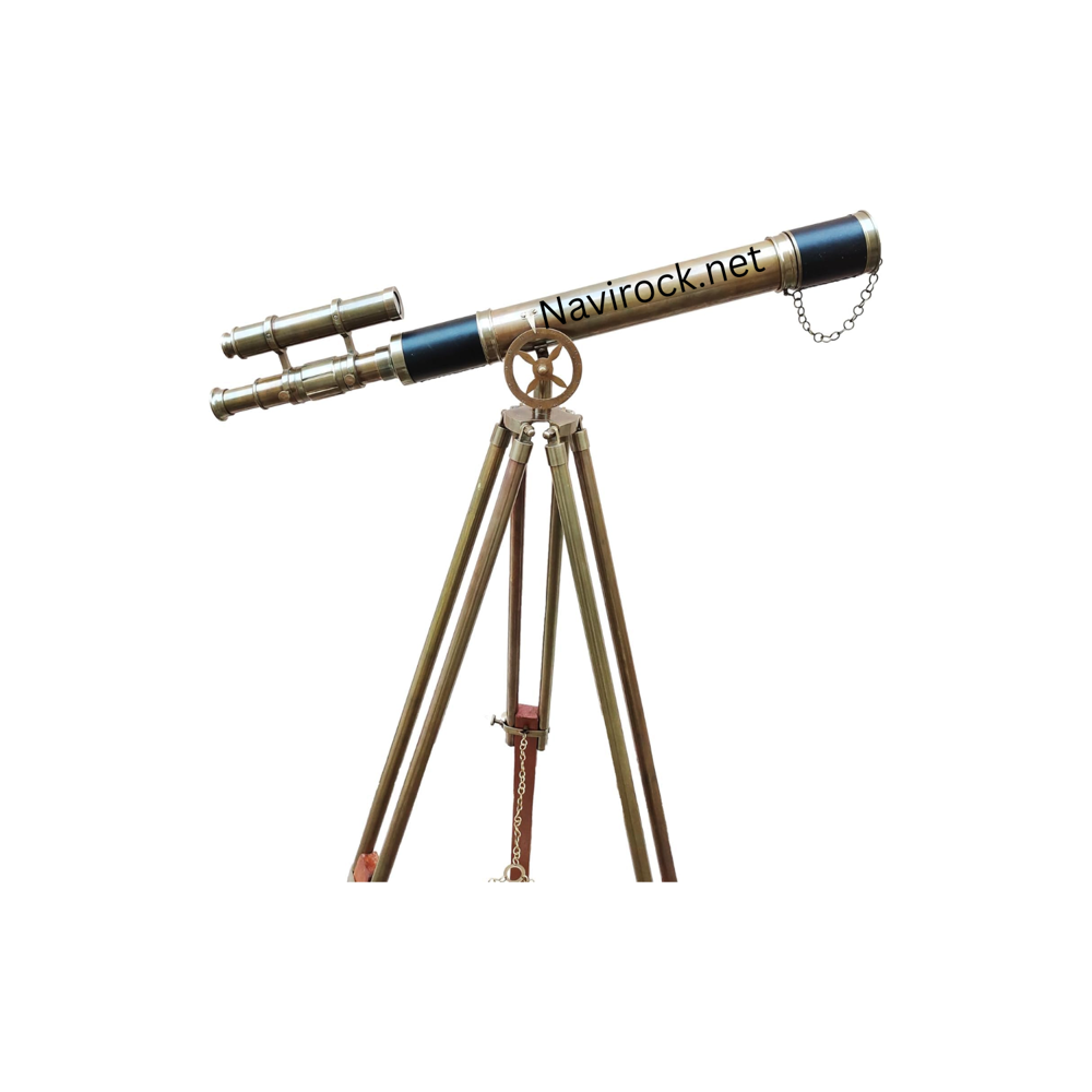 Handcrafted Antique Brass Telescope Double Barrel Marine Navy Style with Wooden Tripod for Living Room & Office Decor