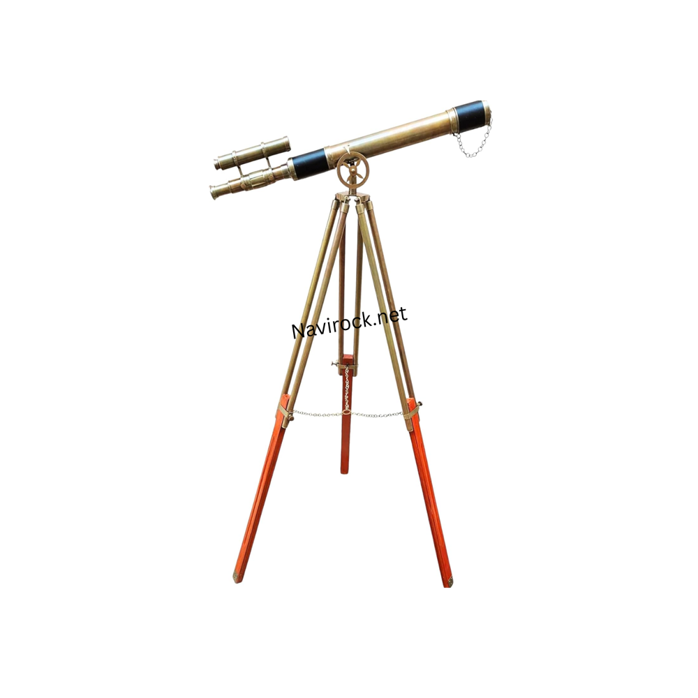 Handcrafted Antique Brass Telescope Double Barrel Marine Navy Style with Wooden Tripod for Living Room & Office Decor