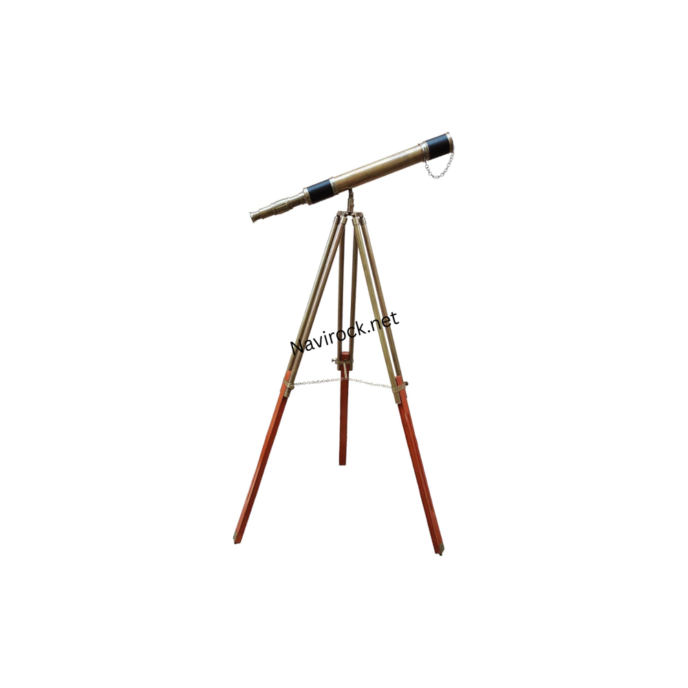 Vintage Brass Telescope  Black Leather Wrapped Single Barrel with Brown Wooden Tripod