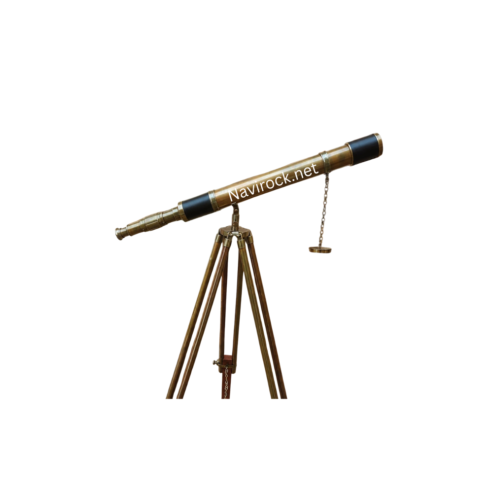 Vintage Brass Telescope  Black Leather Wrapped Single Barrel with Brown Wooden Tripod