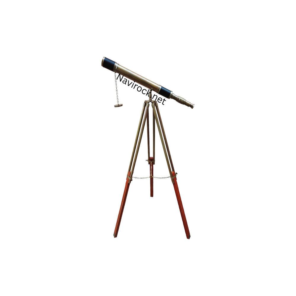 Vintage Brass Telescope  Black Leather Wrapped Single Barrel with Brown Wooden Tripod